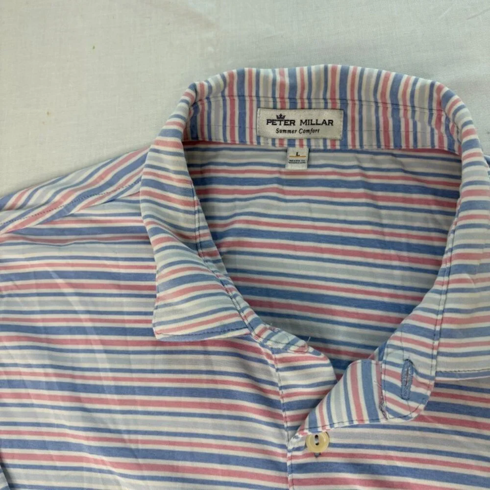Peter Millar Summer Comfort Blue and Pink Stripe Short Sleeve Polo size Large